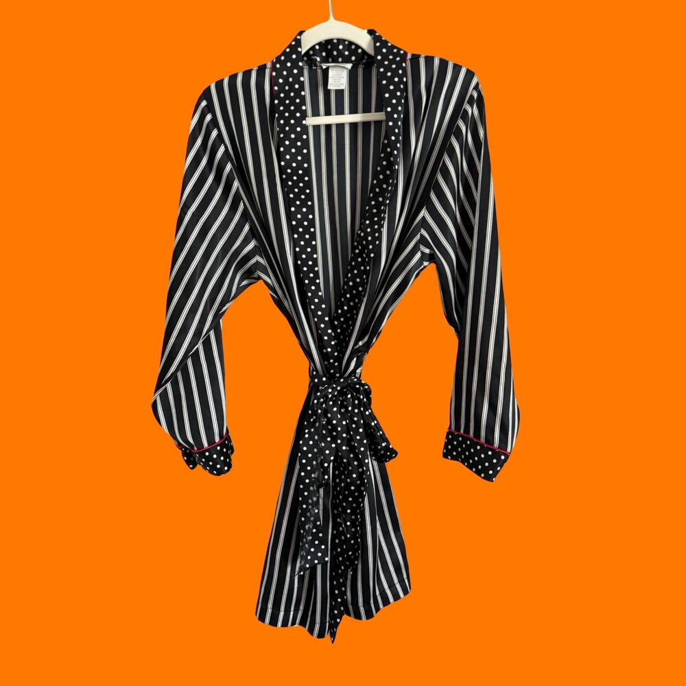 90's vintage black and white striped polka dot satin robe MEDIUM cinema etoile